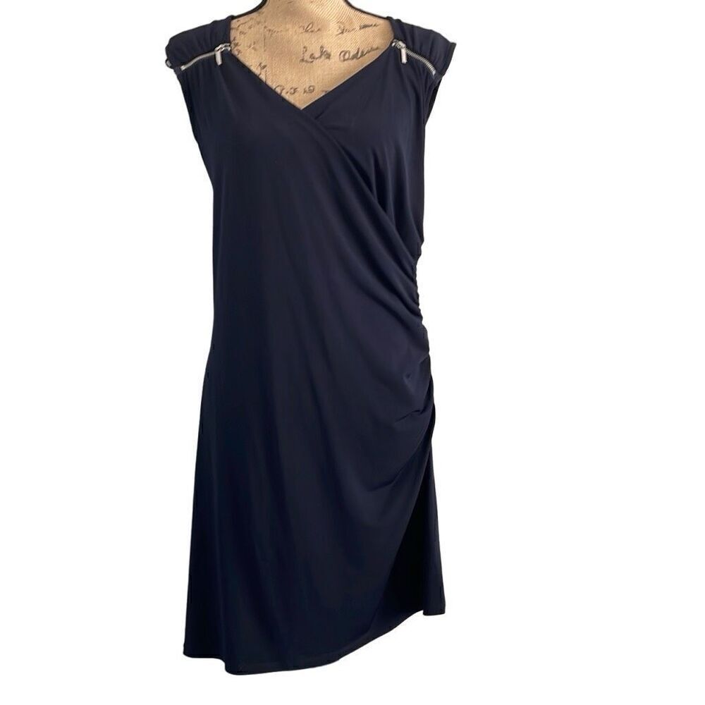 EUC Michael Kors Midnight Blue Asymmetrical Wrap Front Zipper Accent Dress - 12P